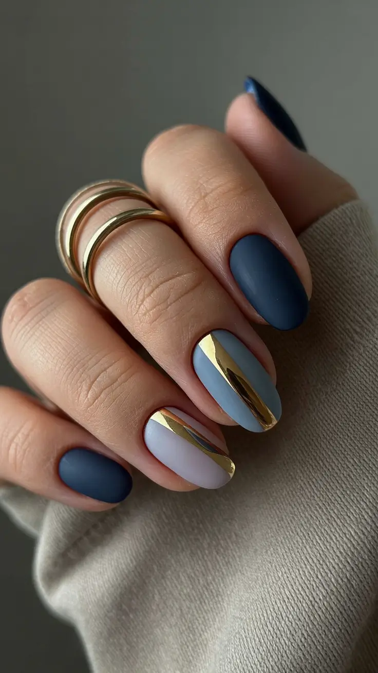 Navy matte nails with gold geometric lines, modern and chic.