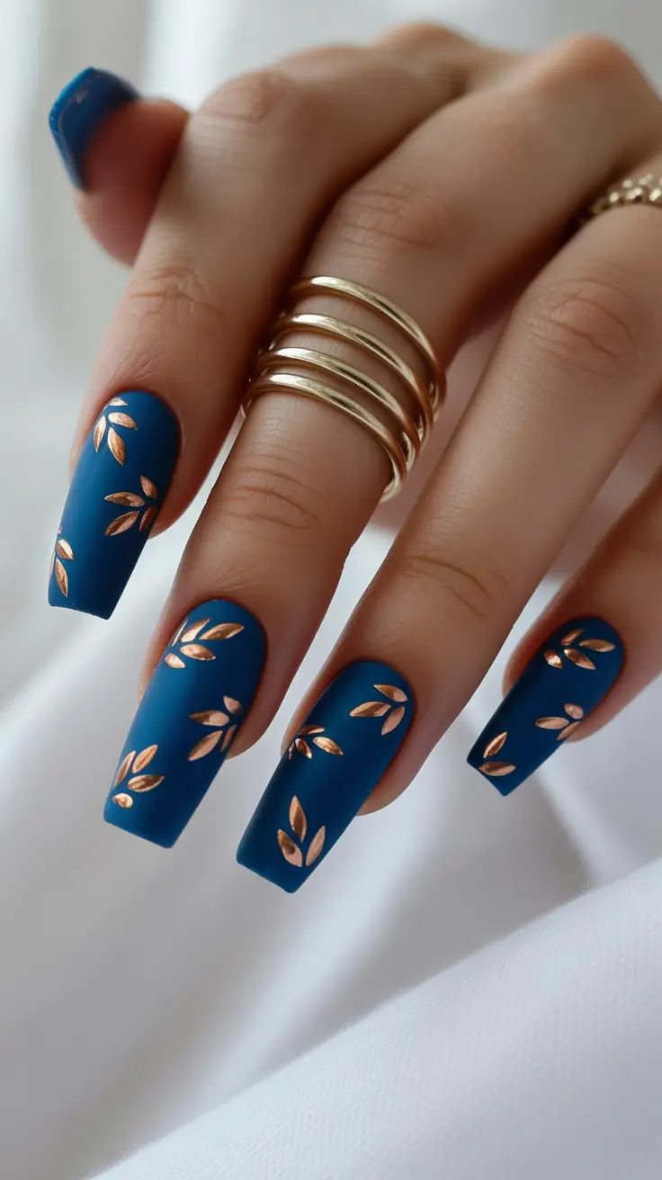 Matte navy nails with metallic leaf patterns, elegant and refined.