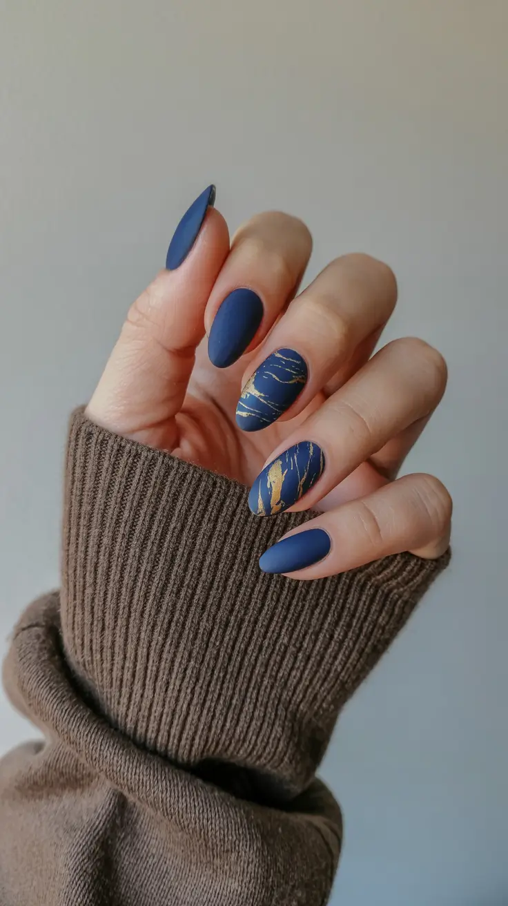 Matte navy nails with gold marble accents, chic and sophisticated.