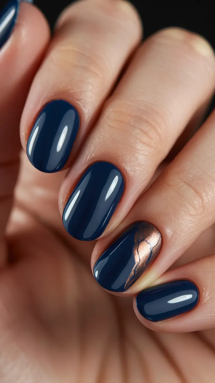 Navy nails with copper foil, elegant and luxurious.