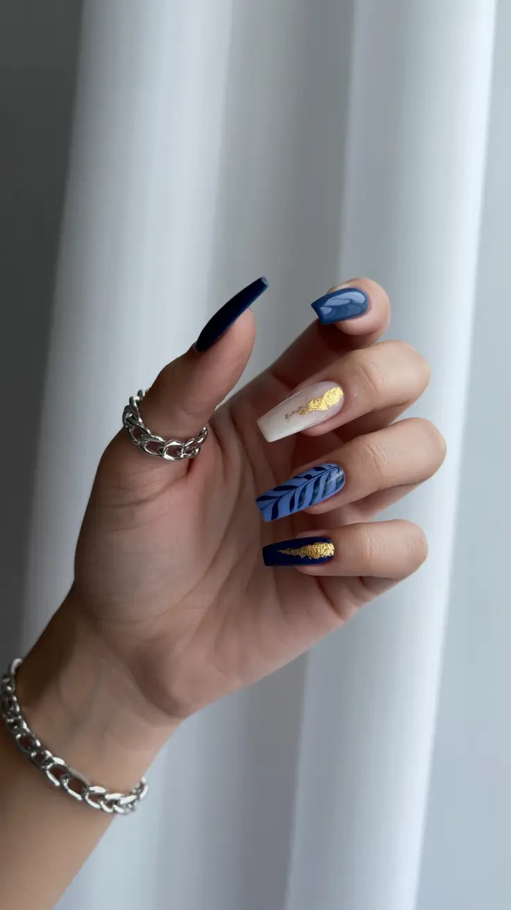 Navy nails with gold and blue accents, luxurious and bold.