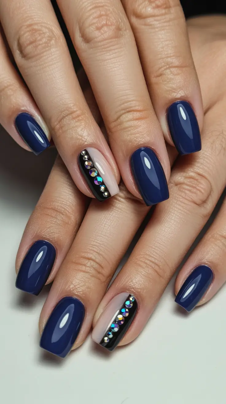 Glossy navy nails with rhinestone accent, elegant and glamorous.