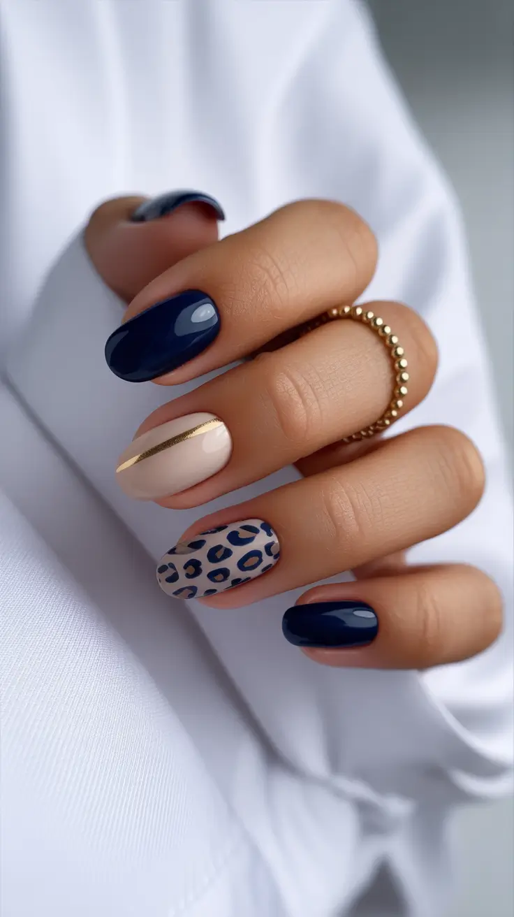 Navy nails with gold stripe and leopard print, bold and trendy.
