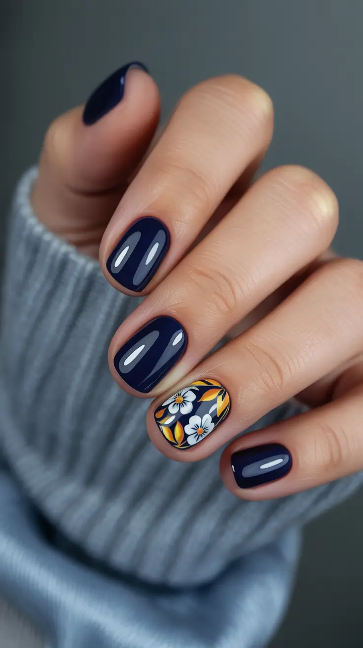 Navy nails with floral accent, charming and elegant.