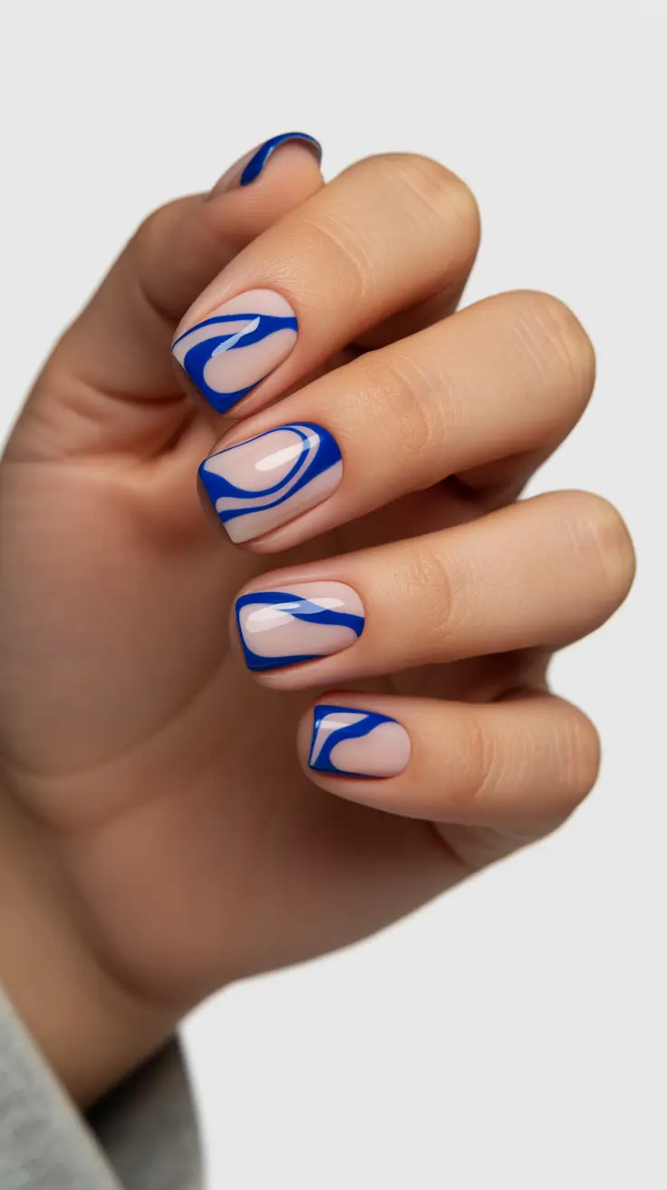 Navy and nude swirl nails, modern and artistic.