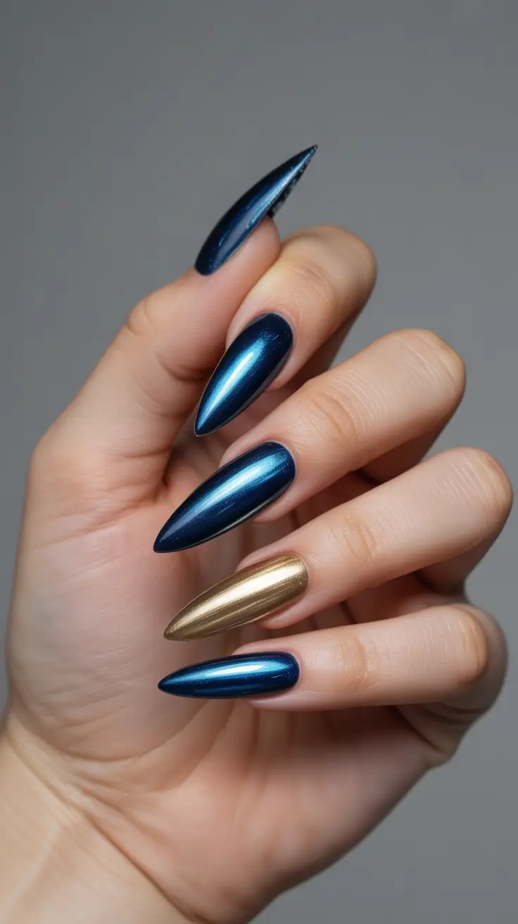 Metallic navy and gold stiletto nails, bold and luxurious.