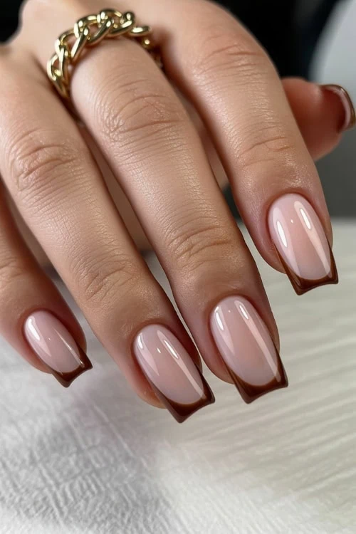 Chocolate French tips, square nails, modern twist