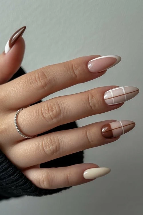 Geometric neutral nails, almond shape, artistic design