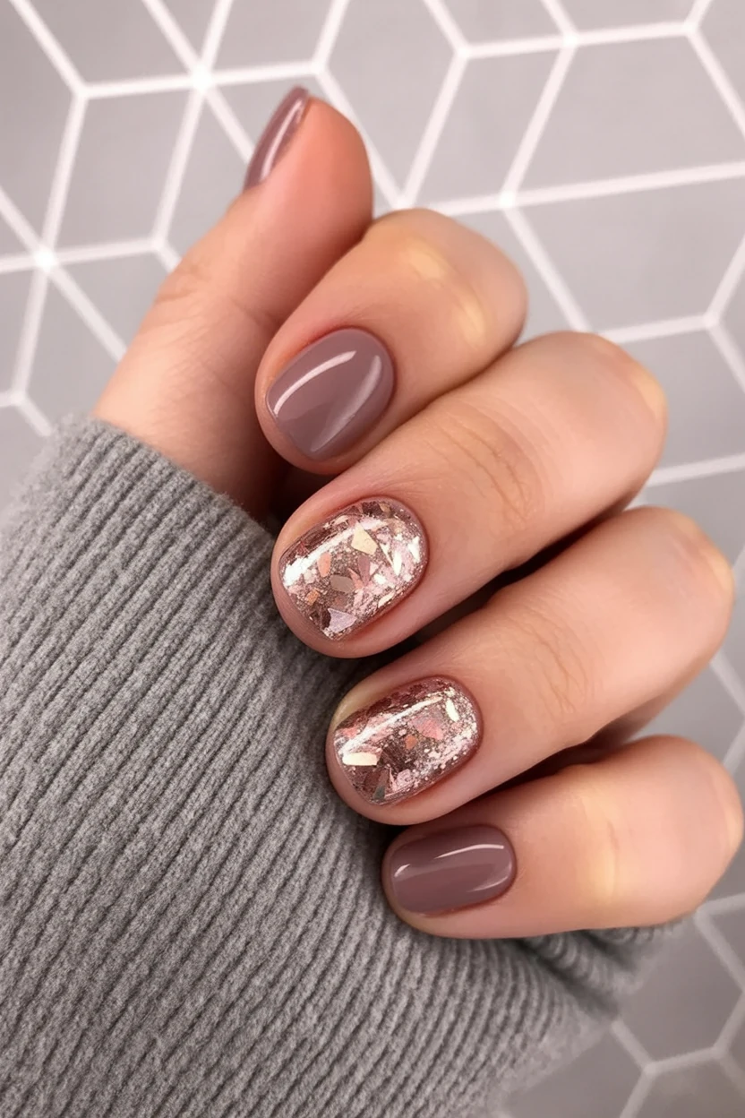 Rose gold textured nails, short round, chic sparkle