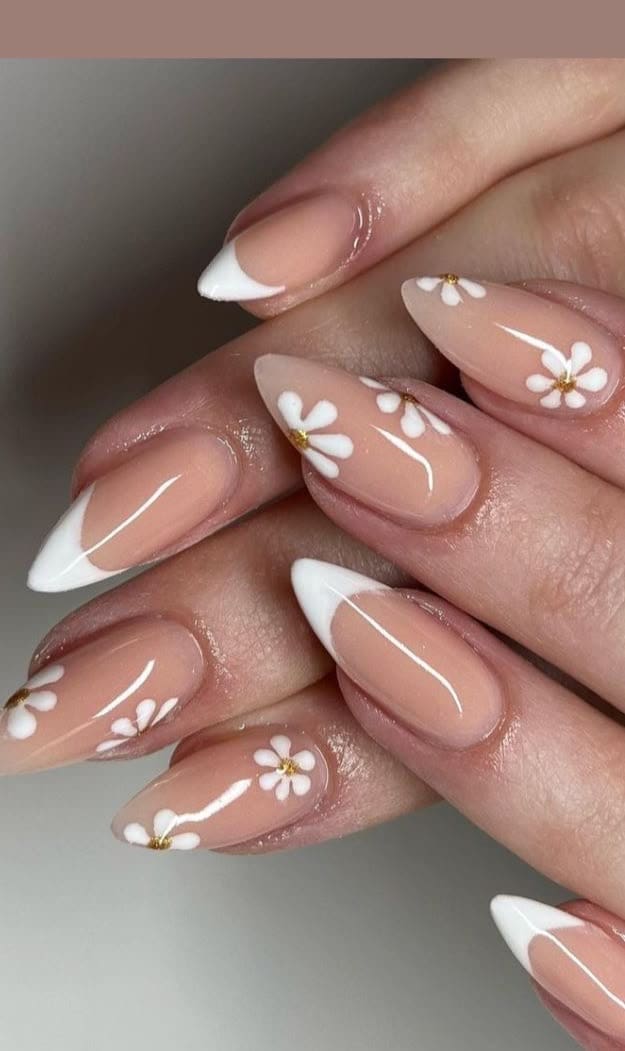 Floral French almond nails, delicate elegance