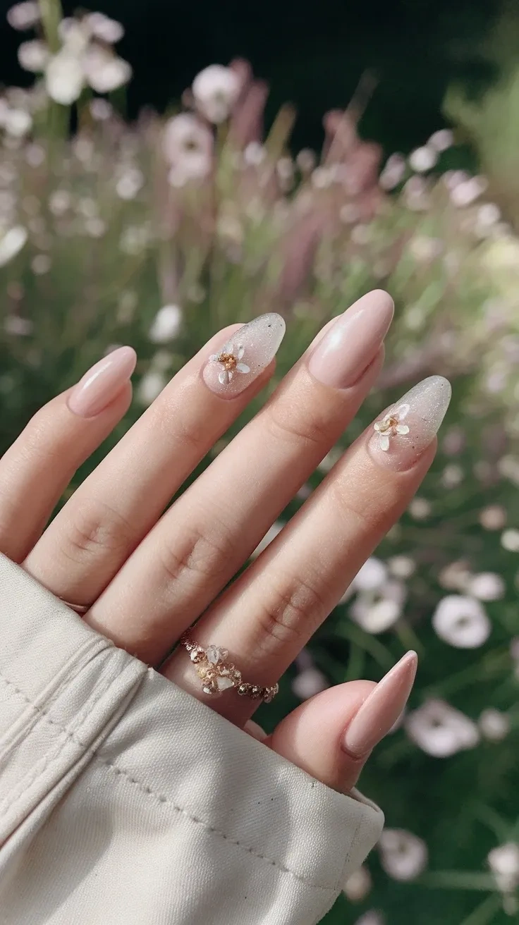Glitter floral nails, almond shape, subtle sparkle