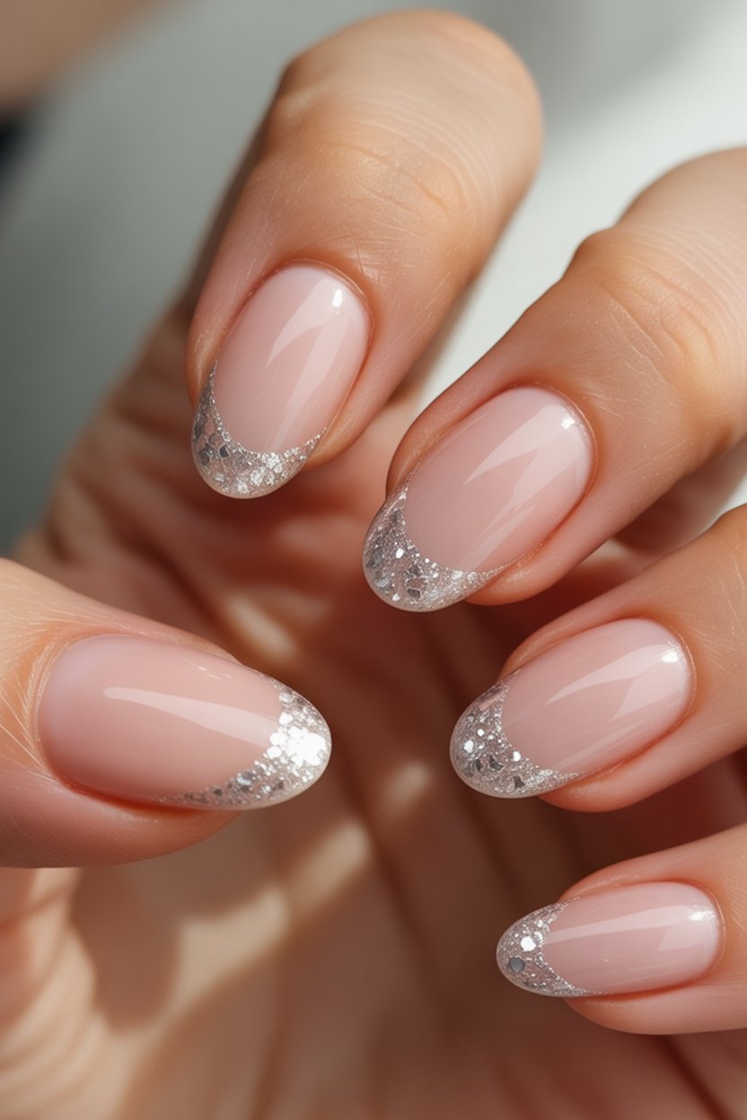 Glitter French nails, short oval, chic sparkle