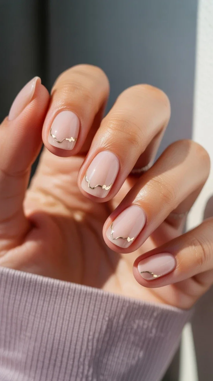 Gold accents on nude nails, short square, chic minimalism