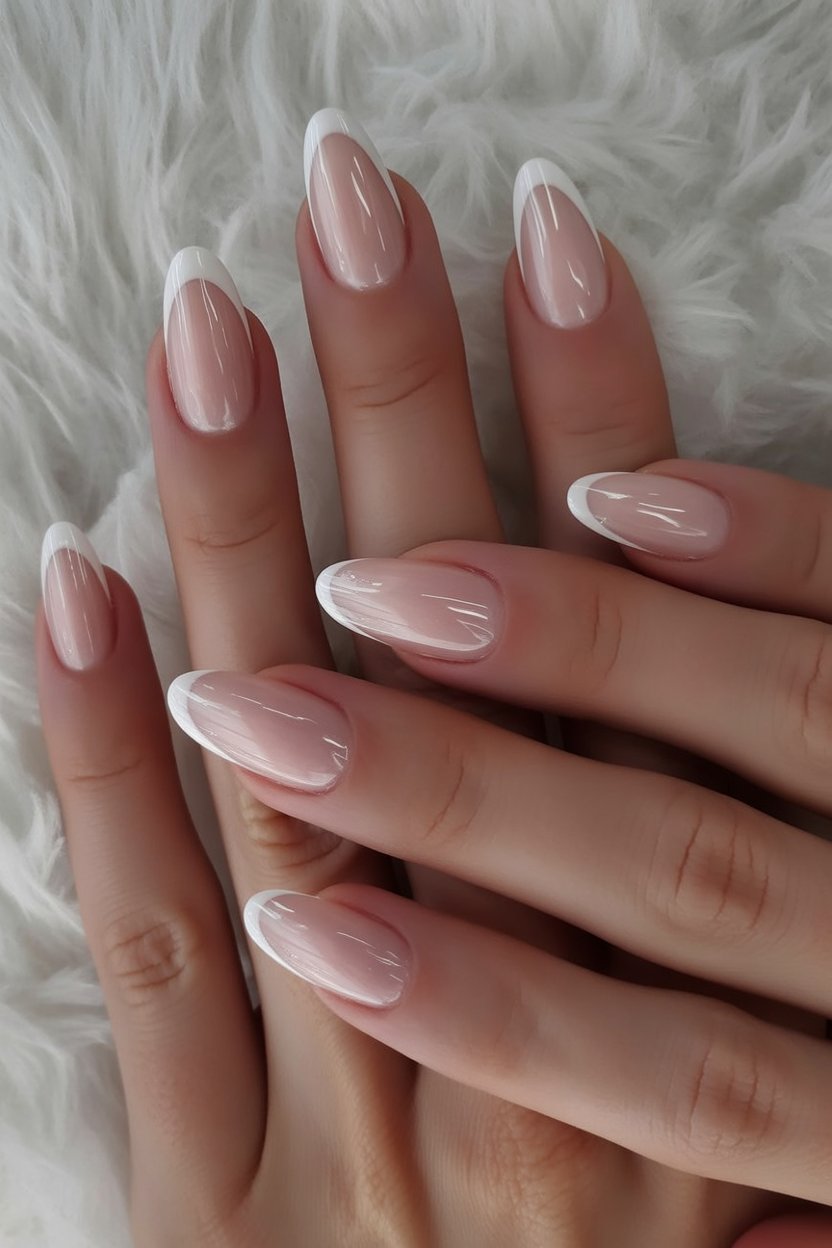 Classic French manicure, almond shape, timeless elegance