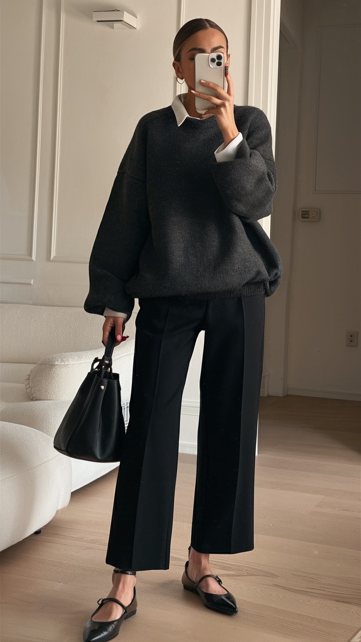 Layered knit sweater with trousers for a minimalist look