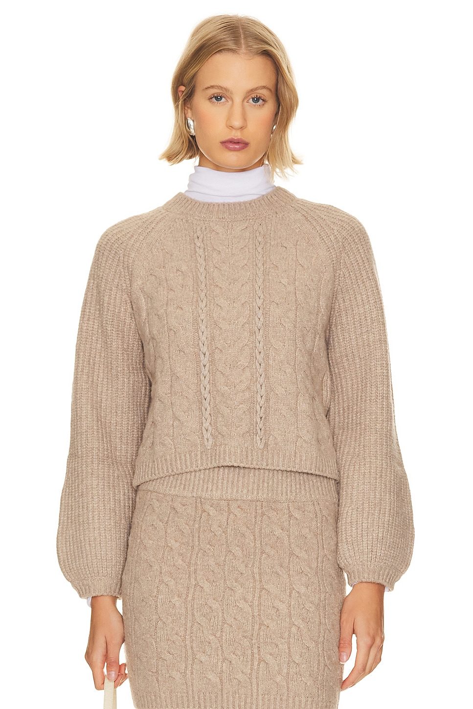 Neutral cable knit sweater and skirt set