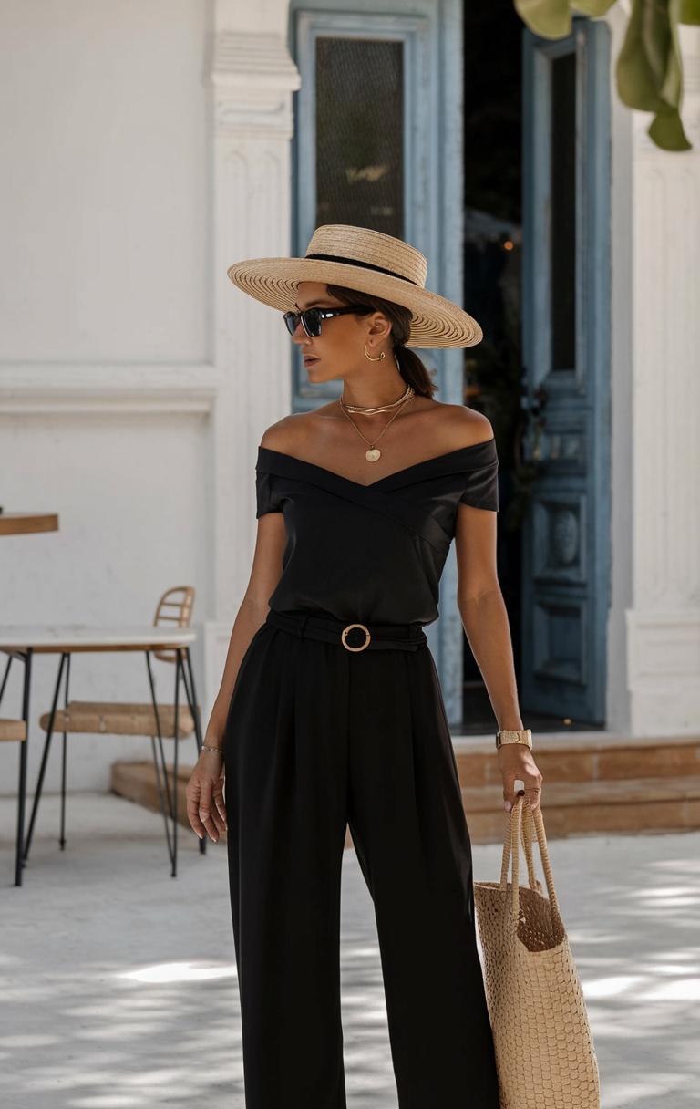 Off-shoulder top with flowy pants for summer elegance
