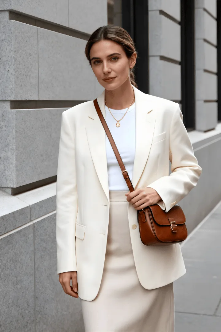 White blazer with midi skirt for polished workwear