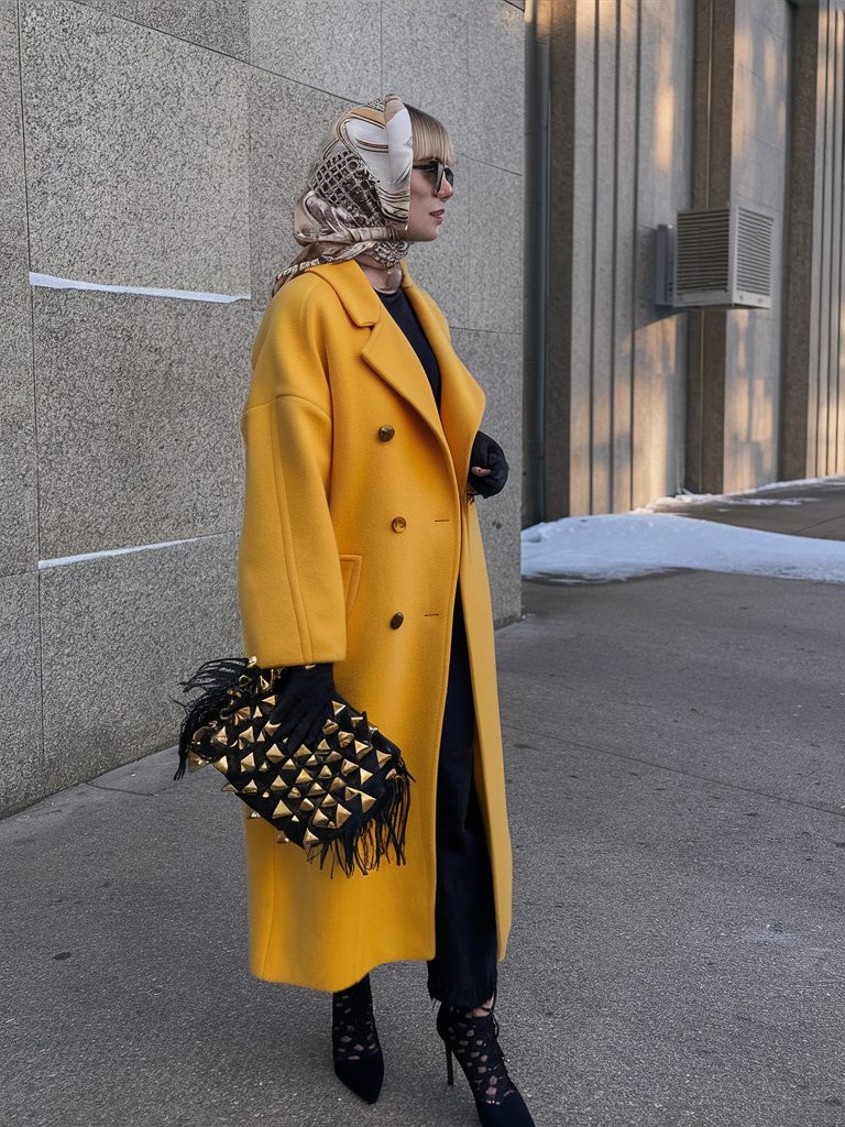 Yellow coat with statement bag for winter style
