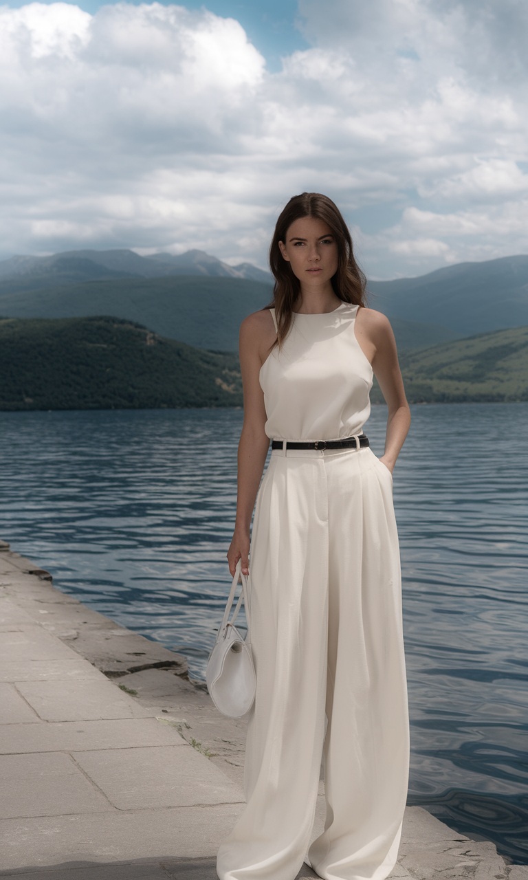 White sleeveless jumpsuit by the lake