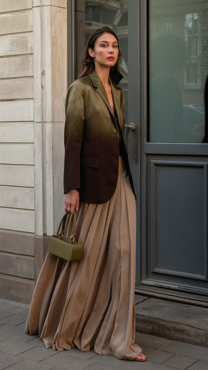 Ombre blazer with pleated skirt for elegant workwear