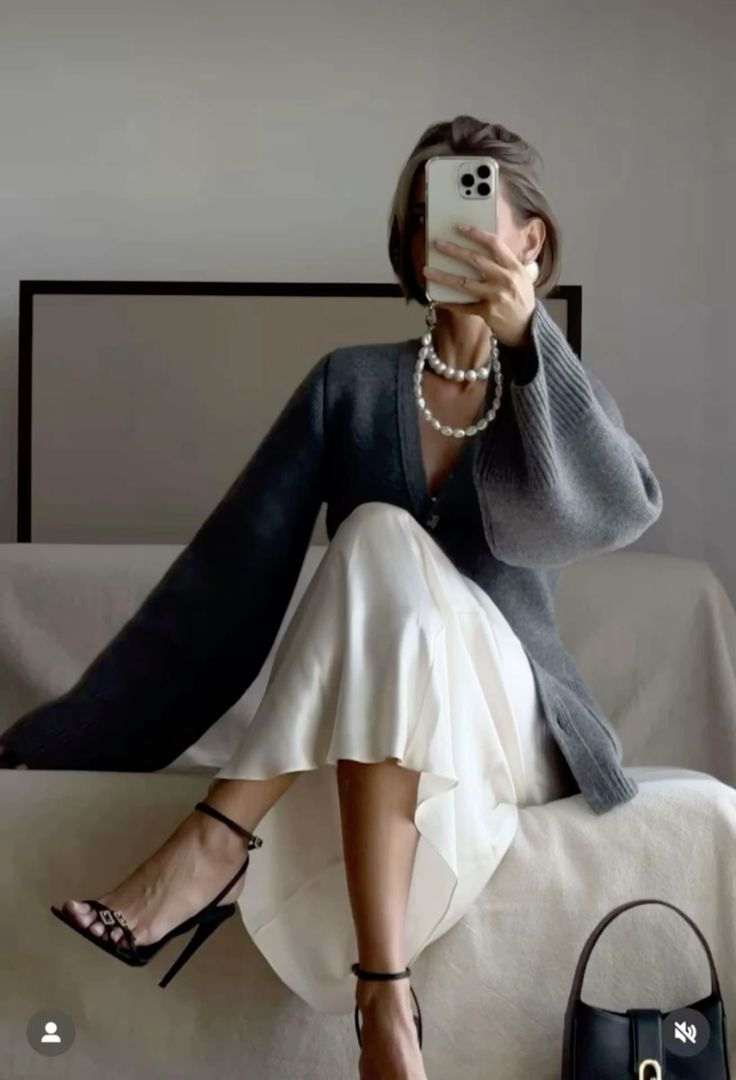 Elegant knit and skirt combination with pearls