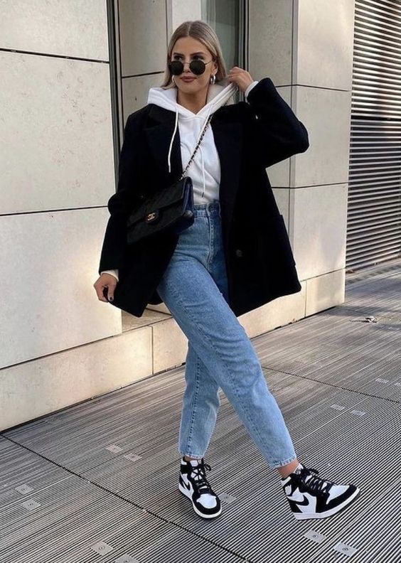 Street style coat and jeans combination
