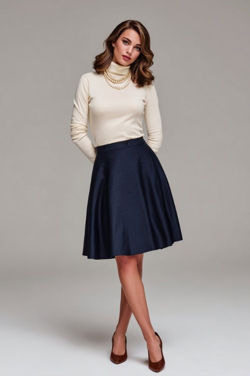 A-line skirt with turtleneck pairing