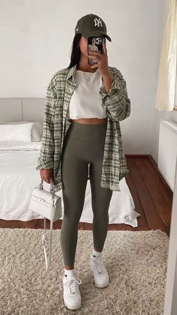 Athleisure with plaid shirt and leggings