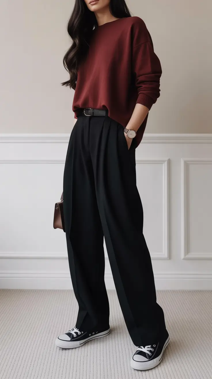 Burgundy sweater with black pants and sneakers