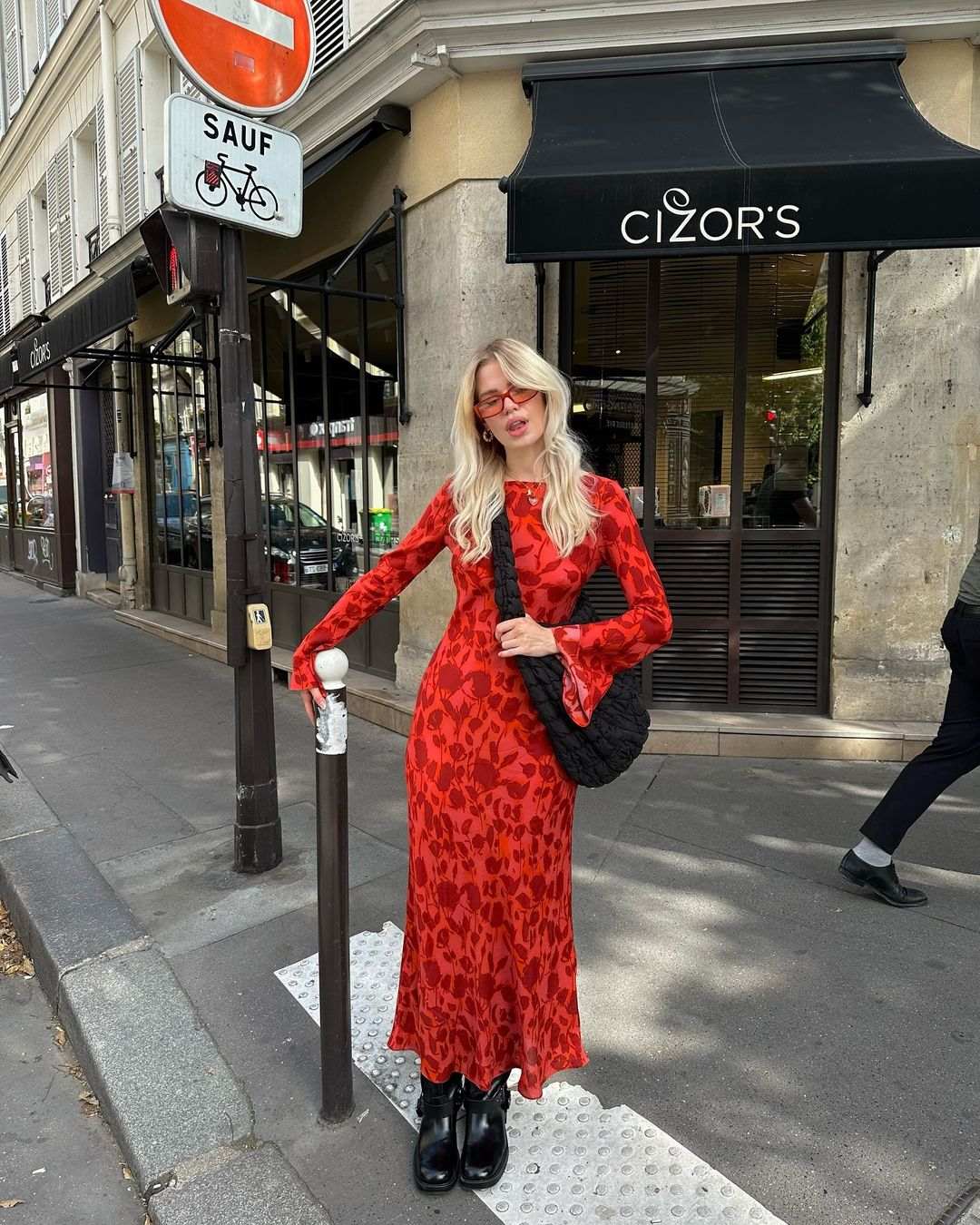 Red printed dress with black boots
