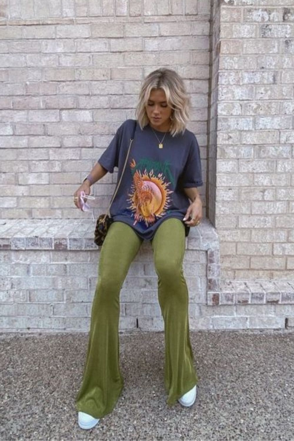 Graphic tee with vibrant flared pants, bold school look