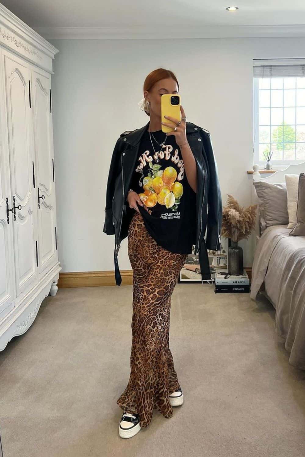 Leather jacket and leopard skirt, edgy school outfit