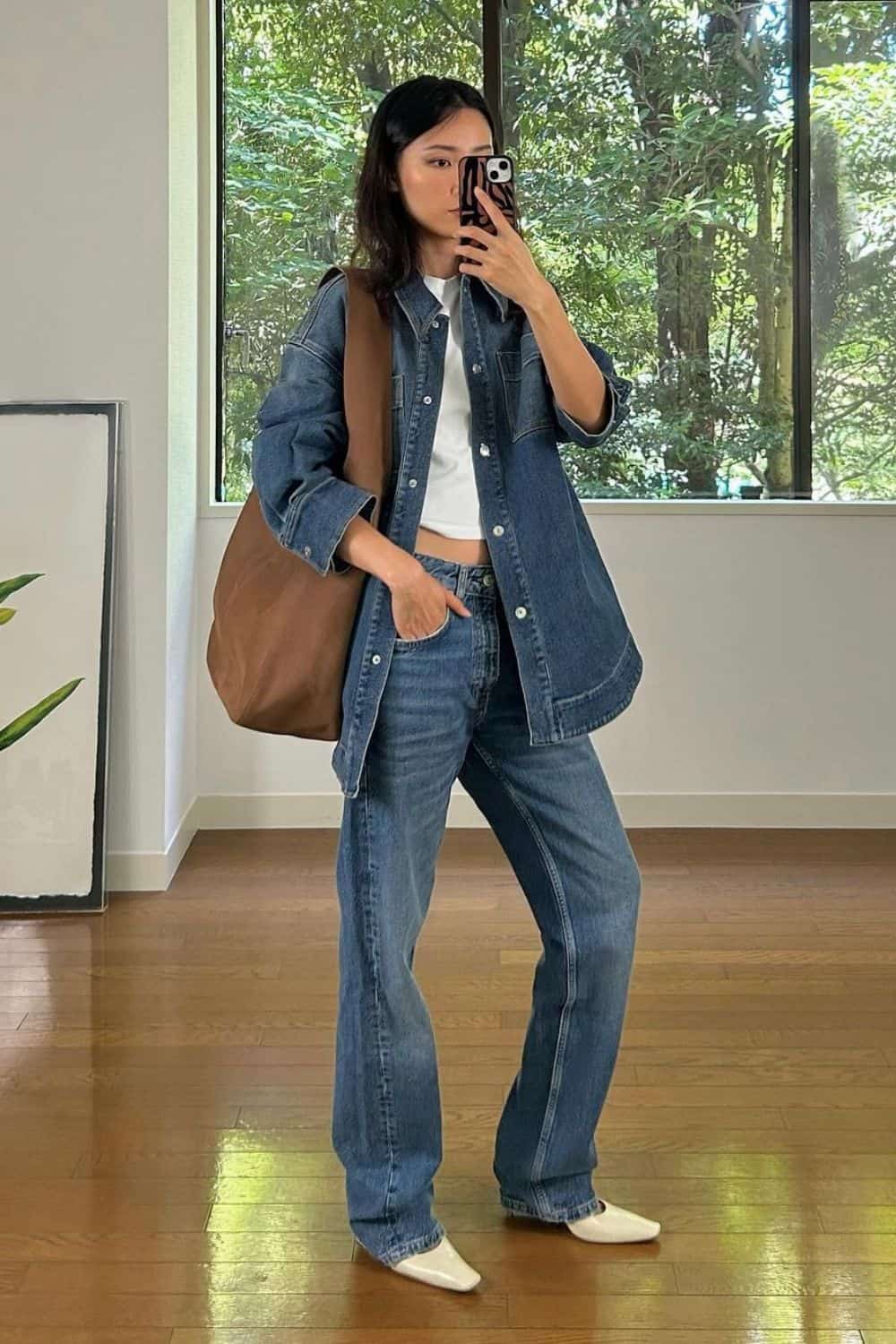 Denim shirt with jeans, double denim school look