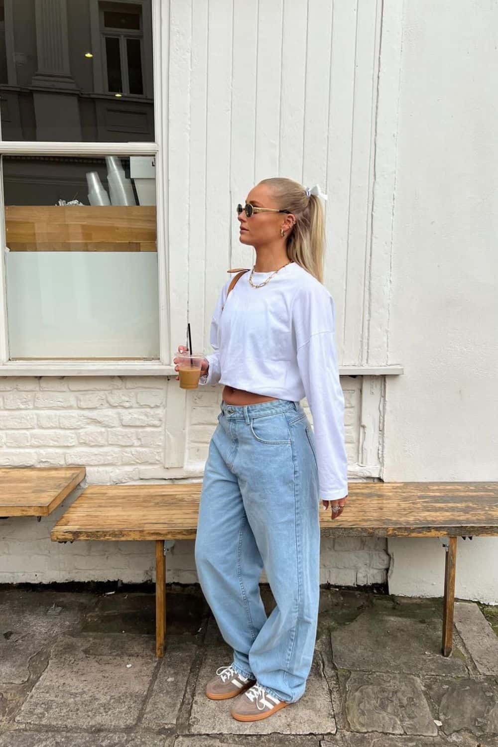 Cropped top with wide-leg jeans, relaxed school style