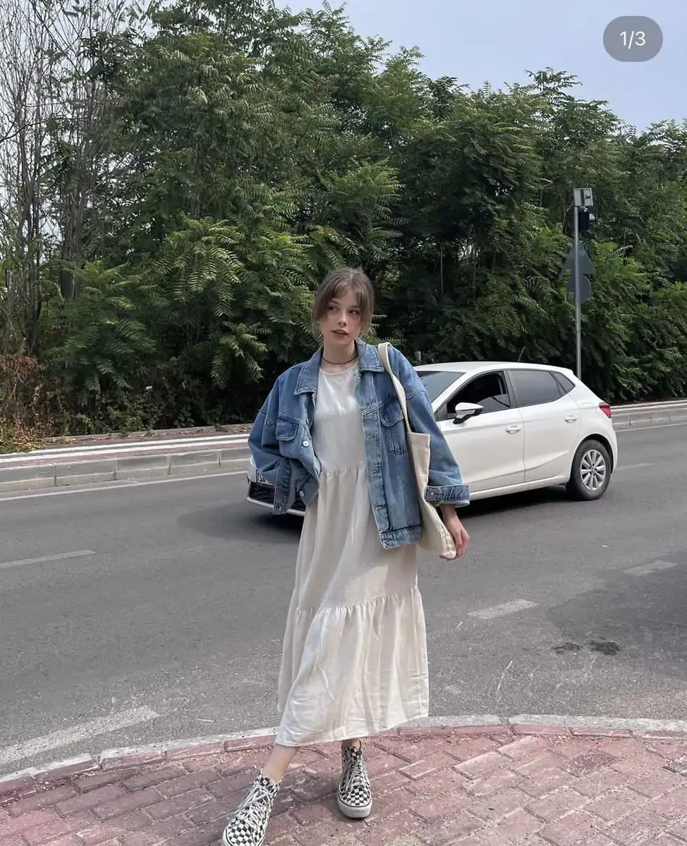 Denim jacket over maxi dress, layered school outfit