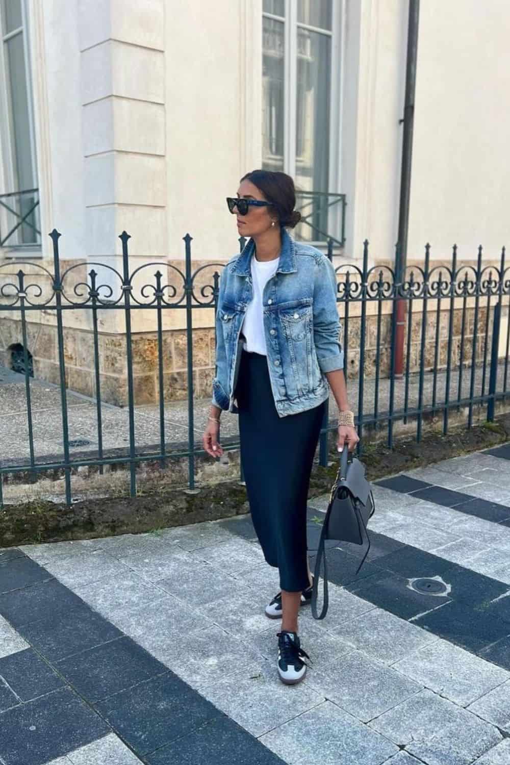 Denim jacket with midi skirt, polished school style