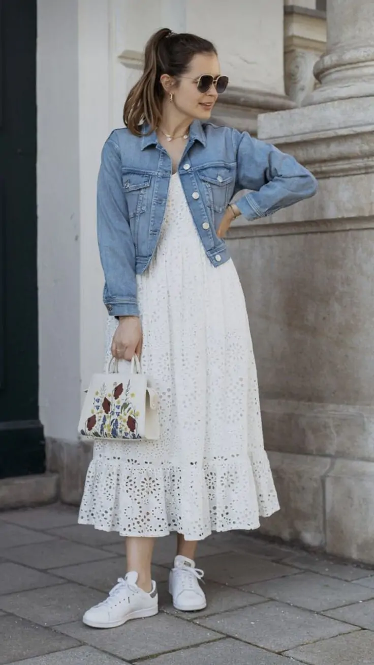 Denim jacket with eyelet dress, romantic school look
