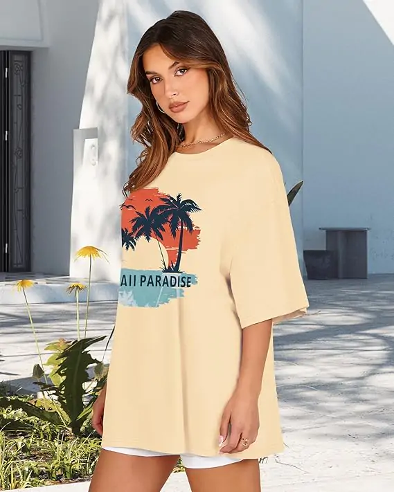 Tropical graphic tee with white shorts, relaxed school look