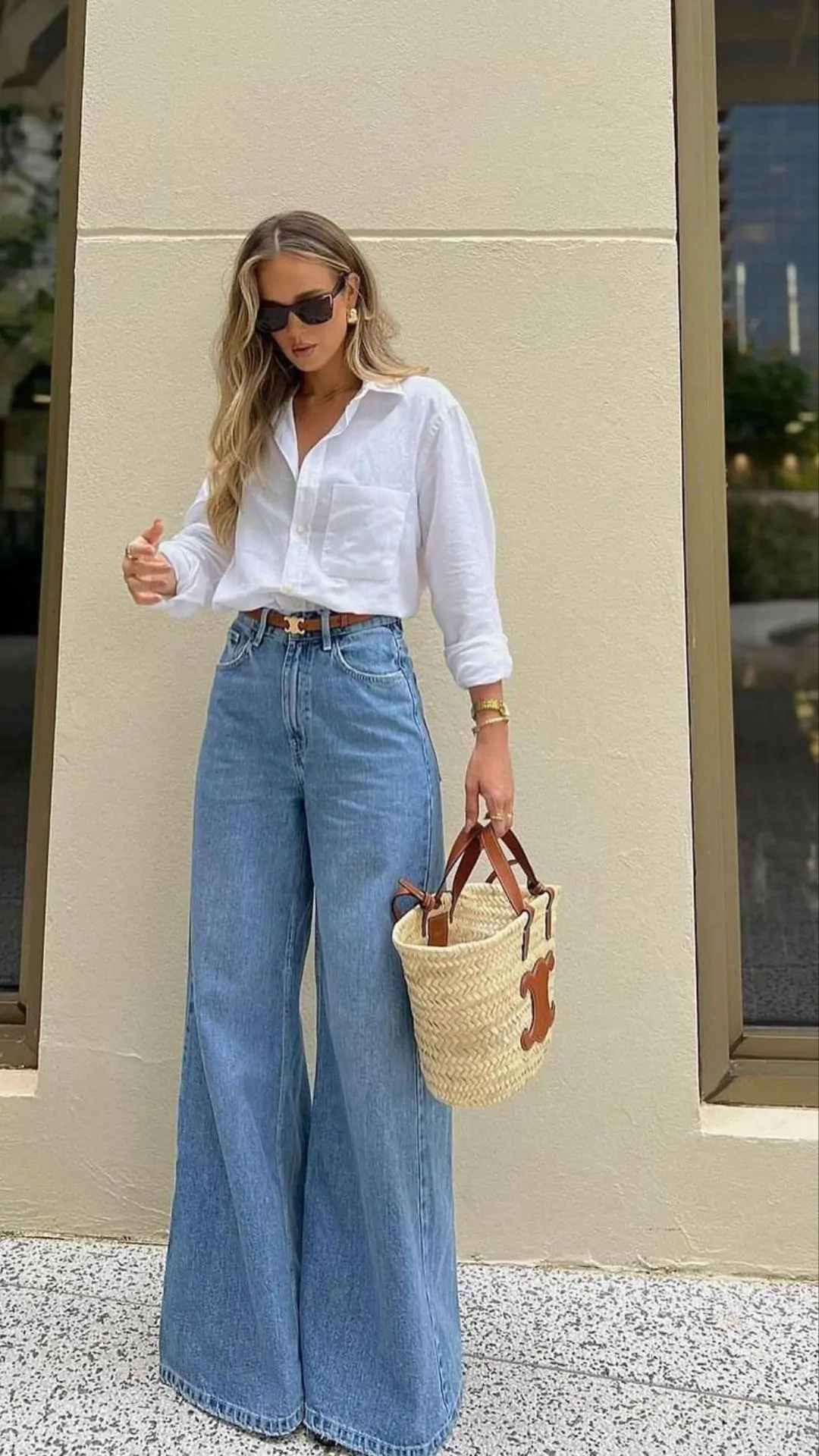 White shirt with wide-leg jeans, relaxed school style
