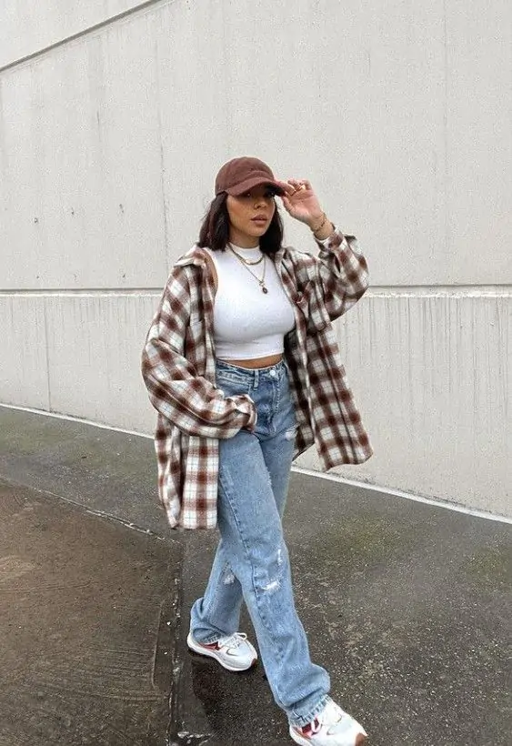 Plaid shirt with ripped jeans, casual school look