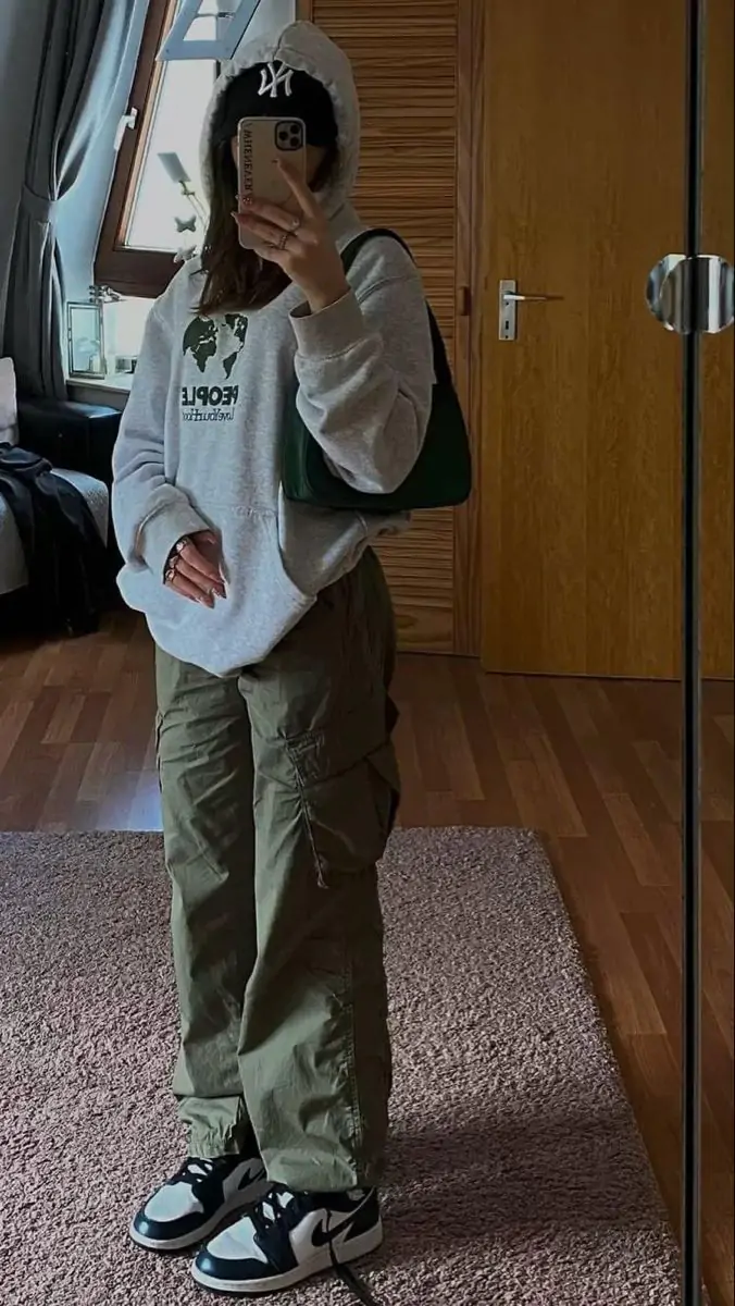 Grey hoodie with olive cargo pants, urban casual school look