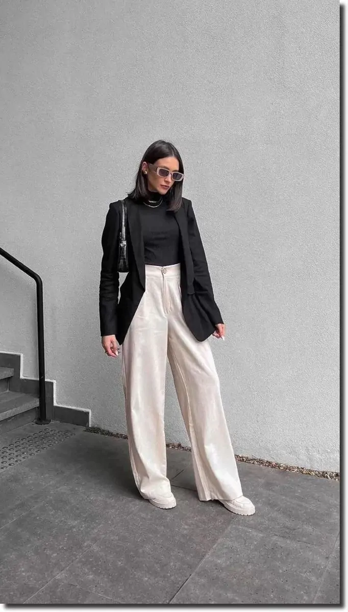 Black blazer with white trousers, smart casual school style