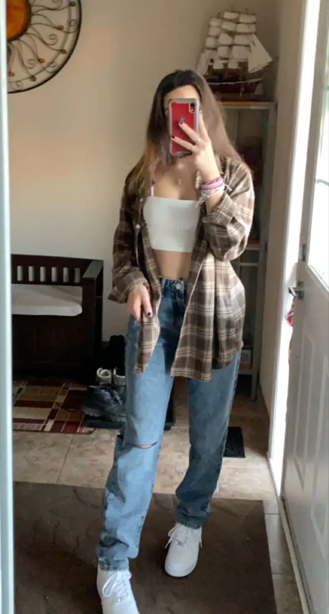 Plaid shirt with denim, casual layered school look