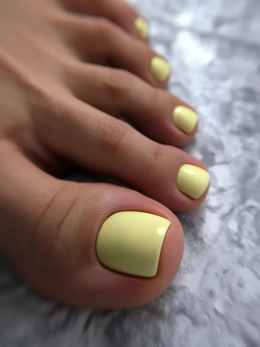 Pastel yellow pedicure with glossy finish