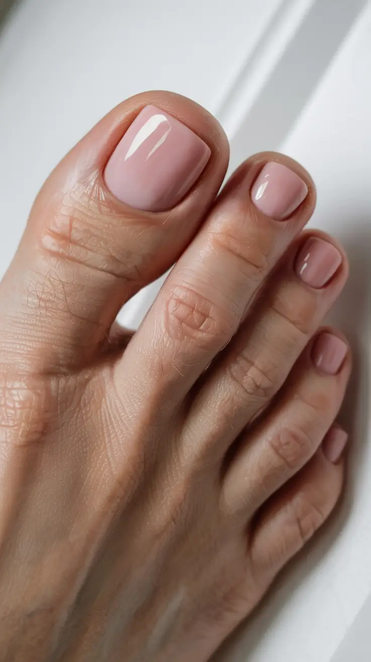 Neutral beige pedicure with glossy finish