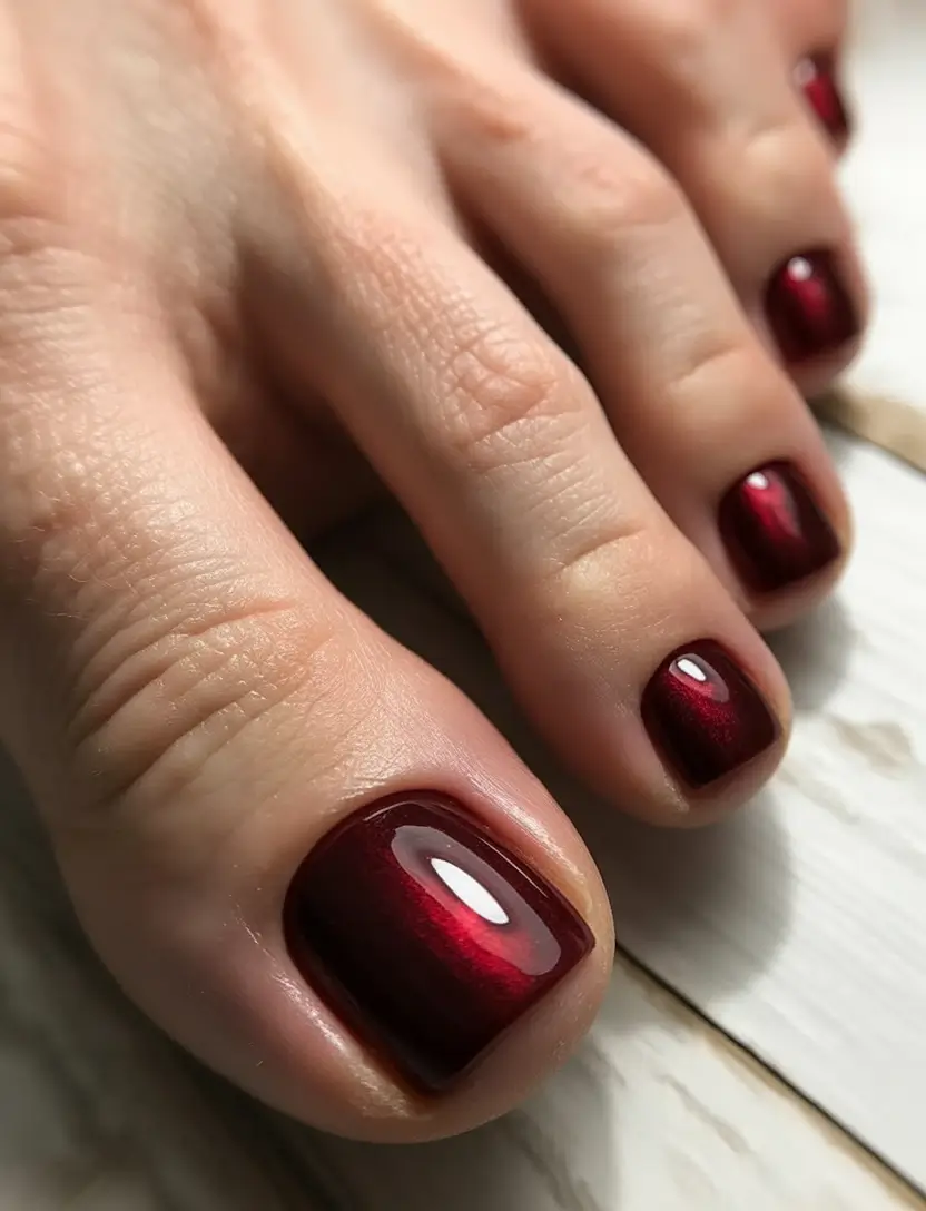 Burgundy pedicure with glossy finish on short square nails