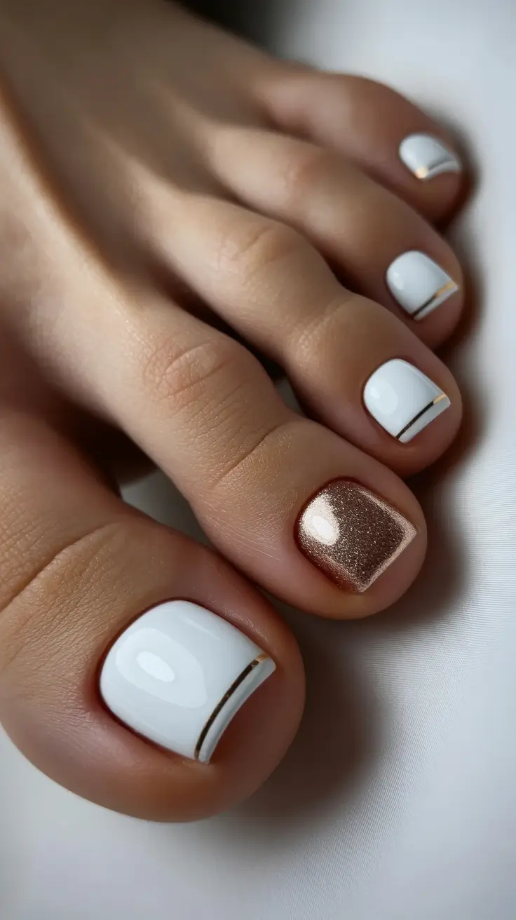White and gold pedicure with minimalist design