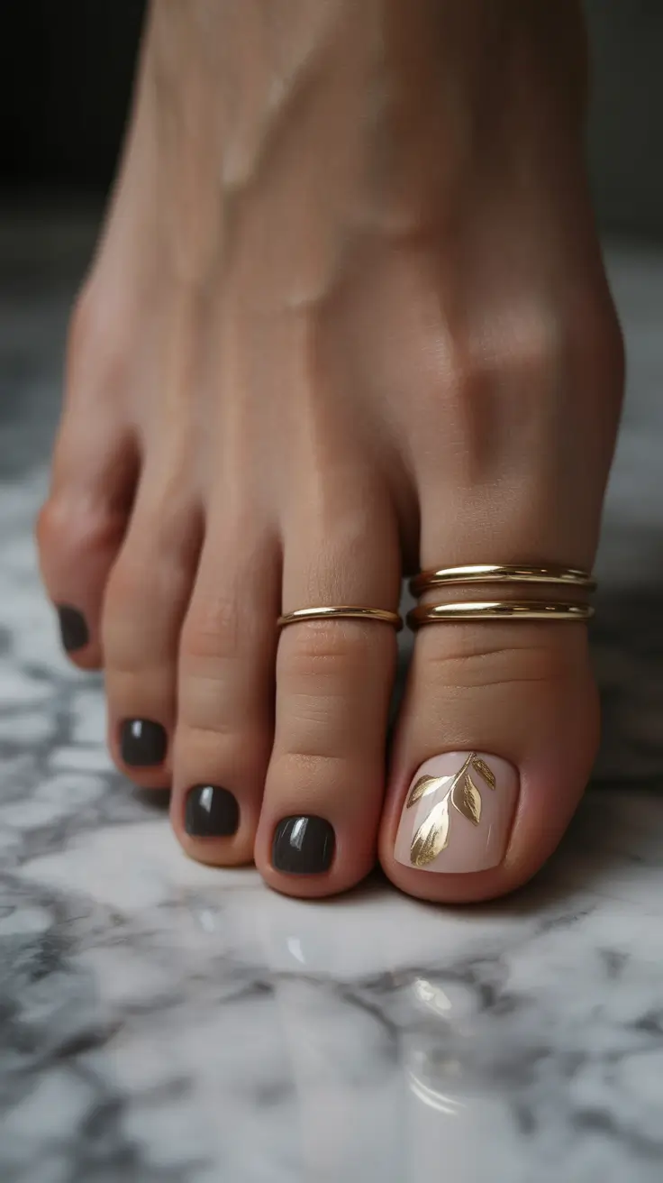 Dark polish with gold accent leaf on short nails