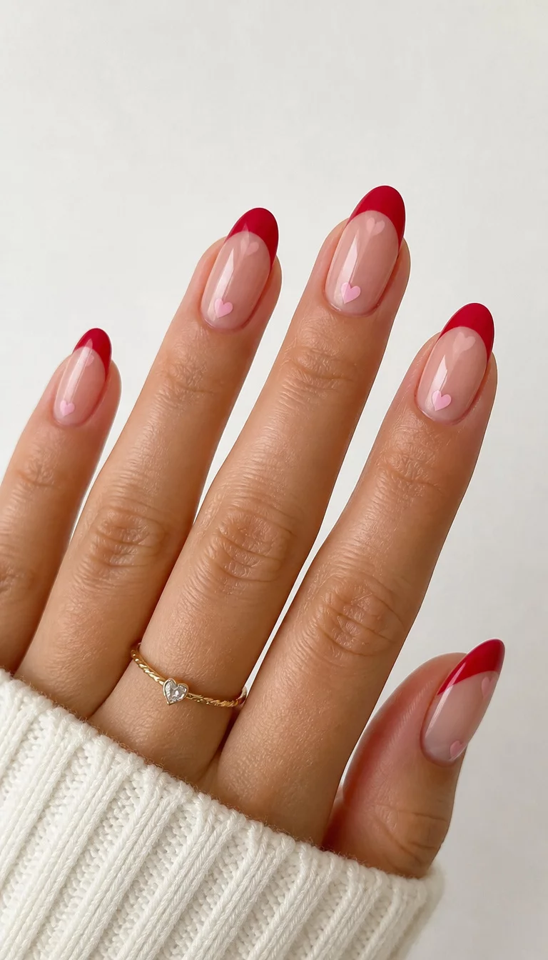 Red French tip nails with heart accents, romantic and playful.